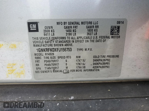 2015 Chevrolet Traverse LS z VIN 1GNKRFKDXFJ156753, wystawiony jako Copart lot #54516265 z przebiegiem 151 487 mil mil oraz Szkoda całkowita • Salvage title. Historia ofert i sprzedaży dostępna na DreamBid. Obrazek 13.