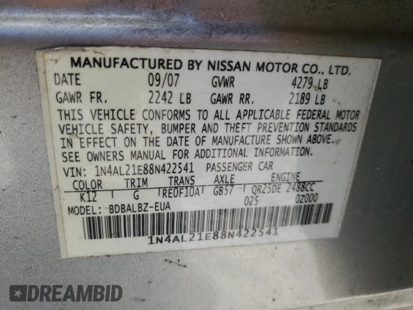 2008 Nissan Altima 2.5 with VIN 1N4AL21E88N422541, listed as a Copart auction lot 47846985 with 194,802 mi miles and Salvage Title. Bid and sale history available at carsss.com. Image 13.