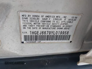 2000 Honda Civic LX z VIN 1HGEJ6679YL019958, wystawiony jako IAAI lot #42328269 z przebiegiem 217 961 mil mil oraz . Historia ofert i sprzedaży dostępna na DreamBid. Obrazek 9.