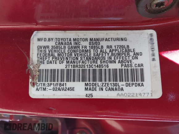 2003 Toyota Corolla CE with VIN 2T1BR32E13C148516, listed as a IAAI auction lot 42130324 with 210,596 mi miles and . Bid and sale history available at DreamBid. Image 9.