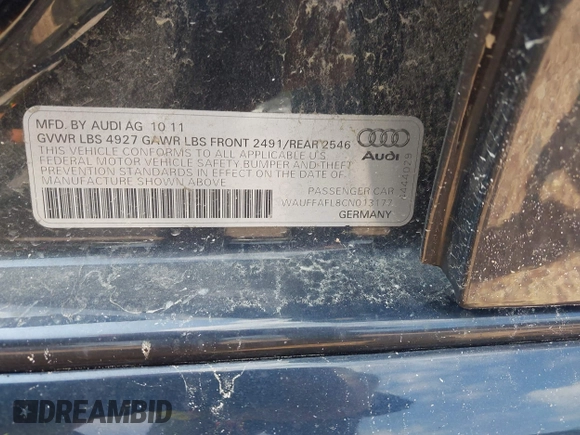 2012 Audi A4 Premium Plus with VIN WAUFFAFL8CN013177, listed as a IAAI auction lot 42640799 with 135,193 mi miles and . Bid and sale history available at DreamBid. Image 9.