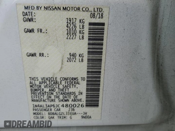2018 Nissan Altima S with VIN 1N4AL3AP6JC480026, listed as a Copart auction lot 44813075 with 132,038 mi miles and Salvage Title. Bid and sale history available at DreamBid. Image 12.