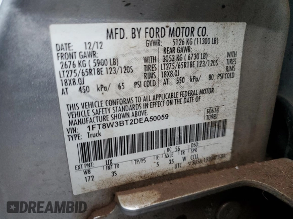 2013 Ford F-350 Platinum z VIN 1FT8W3BT2DEA50059, wystawiony jako Copart lot #86928624 z przebiegiem 209 869 mil mil oraz Szkody całkowita. Historia ofert i sprzedaży dostępna na DreamBid. Obrazek 12.