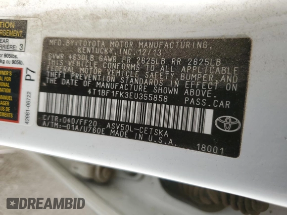 2014 Toyota Camry L with VIN 4T1BF1FK3EU355858, listed as a Copart auction lot 89209865 with 0 mi miles and Salvage Title. Bid and sale history available at carsss.com. Image 14.