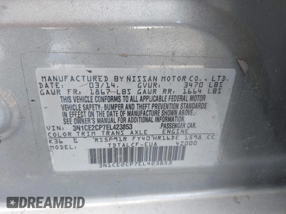 2014 Nissan Note S Plus z VIN 3N1CE2CP7EL423853, wystawiony jako IAAI lot #42402127 z przebiegiem 199 799 mil mil oraz . Historia ofert i sprzedaży dostępna na DreamBid. Obrazek 9.