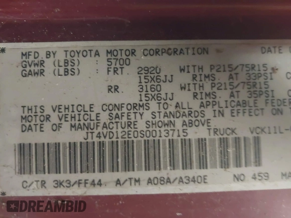 1995 Toyota T100 DX with VIN JT4VD12E0S0013715, listed as a IAAI auction lot 42140145 with 276,371 mi miles. Bid and sale history available at carsss.com. Image 9.