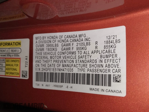 2022 Honda Civic Si with VIN 2HGFE1E51NH471035, listed as a IAAI auction lot 41530936 with 47,516 mi miles and . Bid and sale history available at DreamBid. Image 9.