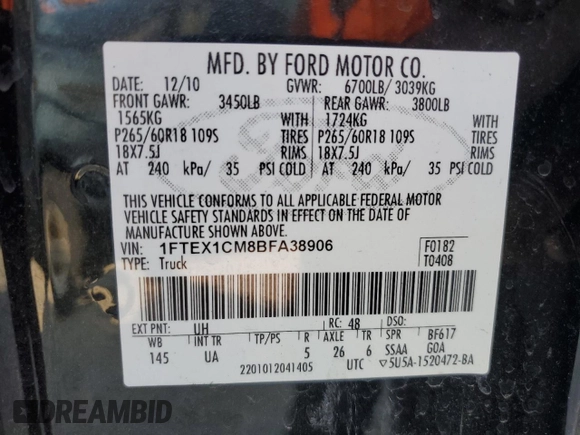 2011 Ford F-150 XL with VIN 1FTEX1CM8BFA38906, listed as a Copart auction lot 60889015 with 143,667 mi miles and Clean title. Bid and sale history available at DreamBid. Image 13.