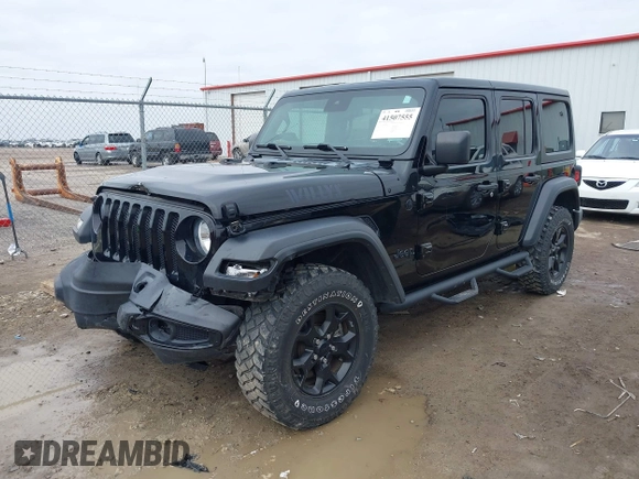 2021 Jeep Wrangler Unlimited Willys with VIN 1C4HJXDN8MW595665, listed as a IAAI auction lot 41507555 with 24,505 mi miles and . Bid and sale history available at DreamBid. Image 2.