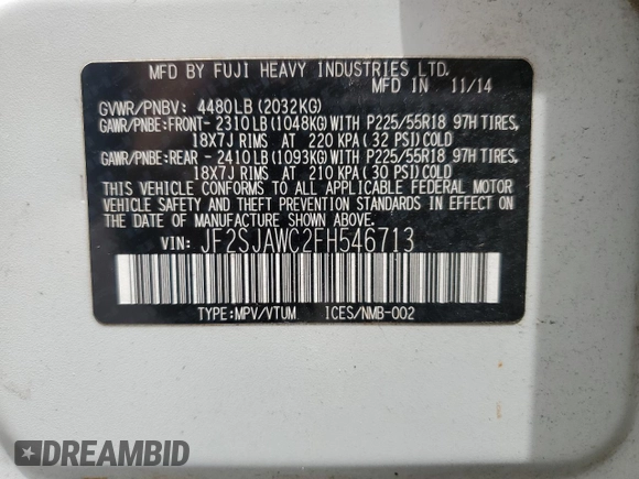 2015 Subaru Forester Touring with VIN JF2SJAWC2FH546713, listed as a Copart auction lot 55292015 with 205,355 mi miles and Salvage title. Bid and sale history available at DreamBid. Image 14.