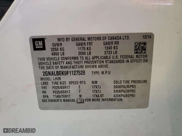 2015 Chevrolet Equinox LT with VIN 2GNALBEK9F1127528, listed as a Copart auction lot 53888195 with 0 mi miles and Salvage Title. Bid and sale history available at carsss.com. Image 14.