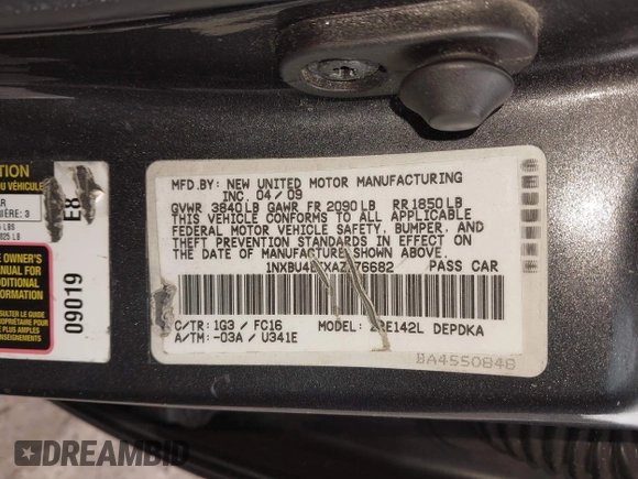 2010 Toyota Corolla with VIN 1NXBU4EEXAZ176682, listed as a IAAI auction lot 41915029 with 180,423 mi miles. Bid and sale history available at carsss.com. Image 9.