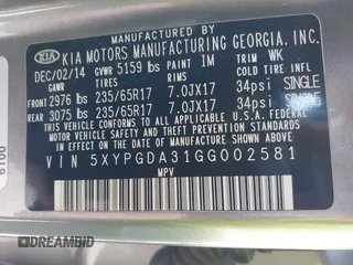 2016 Kia Sorento LX with VIN 5XYPGDA31GG002581, listed as a IAAI auction lot 41366057 with 170,671 mi miles. Bid and sale history available at carsss.com. Image 9.
