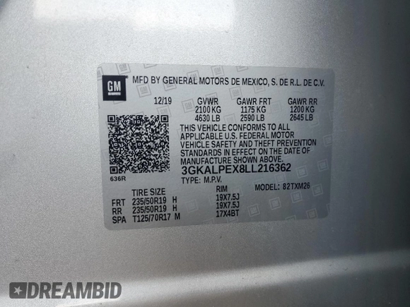 2020 GMC Terrain SLT with VIN 3GKALPEX8LL216362, listed as a Copart auction lot 58950355 with 58,934 mi miles and Salvage title. Bid and sale history available at DreamBid. Image 13.