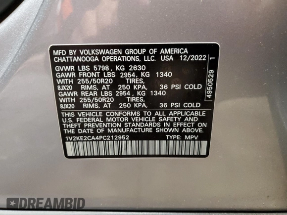 2023 Volkswagen Atlas SE with VIN 1V2KE2CA4PC212952, listed as a Copart auction lot 87014044 with 14,779 mi miles and Salvage title. Bid and sale history available at DreamBid. Image 14.