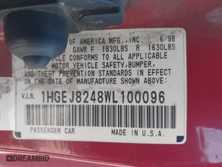 1998 Honda Civic EX with VIN 1HGEJ8248WL100096, listed as a IAAI auction lot 41848053 with 229,517 mi miles. Bid and sale history available at carsss.com. Image 9.