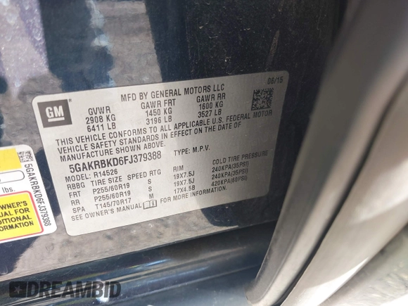 2015 Buick Enclave Leather with VIN 5GAKRBKD6FJ379388, listed as a IAAI auction lot 42009830 with 215,422 mi miles and . Bid and sale history available at carsss.com. Image 9.