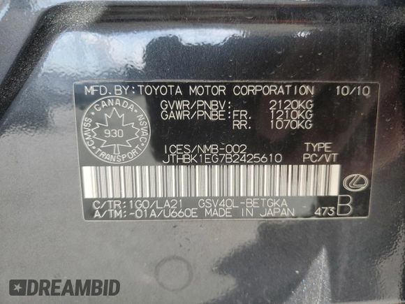2011 Lexus ES 330 с VIN JTHBK1EG7B2425610, выставлен на аукционе Copart как лот 42588795 с пробегом 157 152 миль миль и На запчасти • Non repairable. История ставок и продаж доступна на DreamBid. Изображение 12.