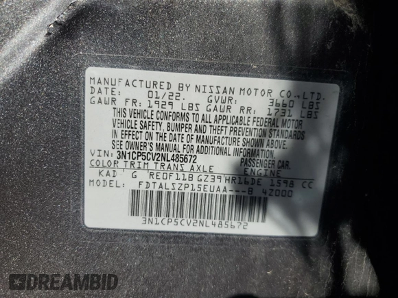 2022 Nissan Kicks SV with VIN 3N1CP5CV2NL485672, listed as a Copart auction lot 53730555 with 30,347 mi miles and Salvage Title. Bid and sale history available at DreamBid. Image 13.