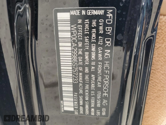 2006 Porsche 911 Carrera with VIN WP0CA29986S757233, listed as a Copart auction lot 87251344 with 87,832 mi miles and Salvage Title. Bid and sale history available at DreamBid. Image 13.