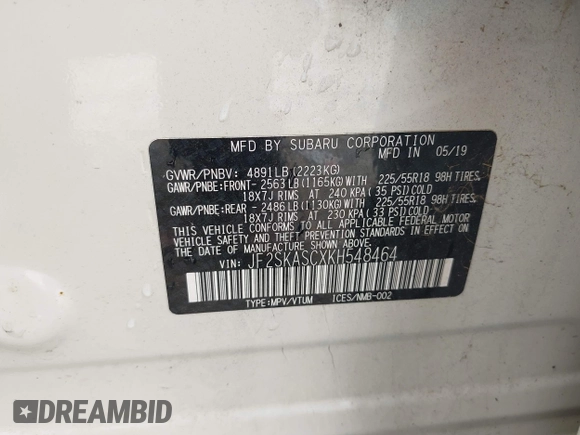 2019 Subaru Forester Limited with VIN JF2SKASCXKH548464, listed as a IAAI auction lot 42276430 with 97,448 mi miles and . Bid and sale history available at DreamBid. Image 9.