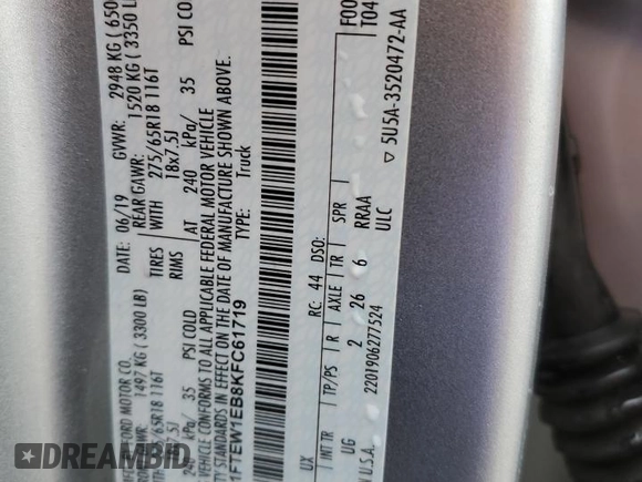 2019 Ford F-150 XL with VIN 1FTEW1EB8KFC61719, listed as a Copart auction lot 47276065 with 160,016 mi miles and Salvage Title. Bid and sale history available at DreamBid. Image 12.