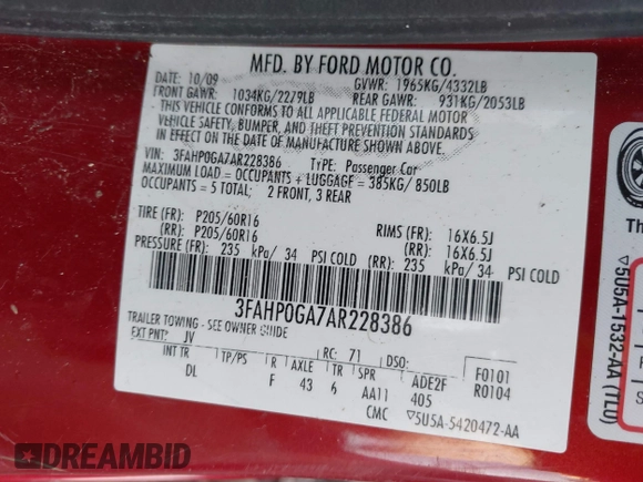 2010 Ford Fusion S with VIN 3FAHP0GA7AR228386, listed as a IAAI auction lot 41613583 with 99,281 mi miles. Bid and sale history available at carsss.com. Image 9.
