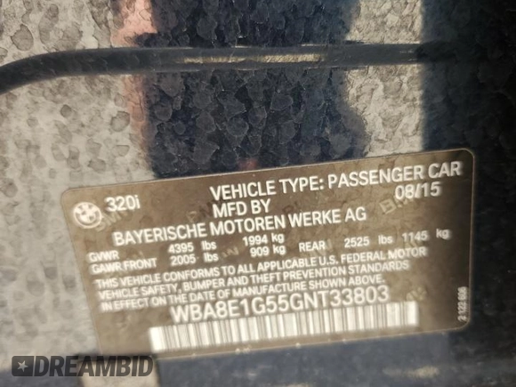 2016 BMW 3 Series 320i with VIN WBA8E1G55GNT33803, listed as a Copart auction lot 51145975 with 102,490 mi miles and Salvage Title. Bid and sale history available at DreamBid. Image 13.