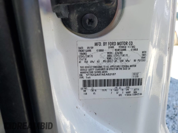 2010 Ford F-250 with VIN 1FTSX2A57AEA52157, listed as a Copart auction lot 46248015 with 104,193 mi miles and Salvage title. Bid and sale history available at DreamBid. Image 12.
