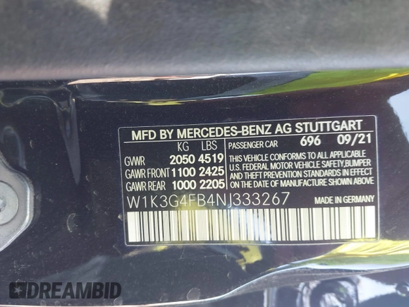 2022 Mercedes-Benz A 220 with VIN W1K3G4FB4NJ333267, listed as a IAAI auction lot 41327845 with Not Provided miles and . Bid and sale history available at DreamBid. Image 9.