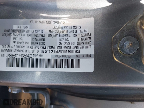 2015 Mazda CX-9 Touring with VIN JM3TB3CA7F0451472, listed as a IAAI auction lot 41559364 with 126,797 mi miles. Bid and sale history available at carsss.com. Image 9.