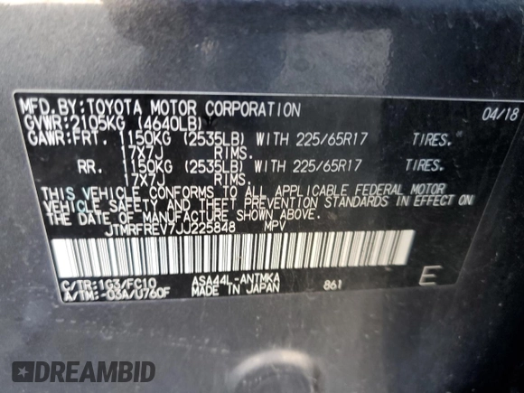2018 Toyota RAV4 XLE with VIN JTMRFREV7JJ225848, listed as a Copart auction lot 47878355 with Not Provided miles and Salvage Title. Bid and sale history available at DreamBid. Image 14.