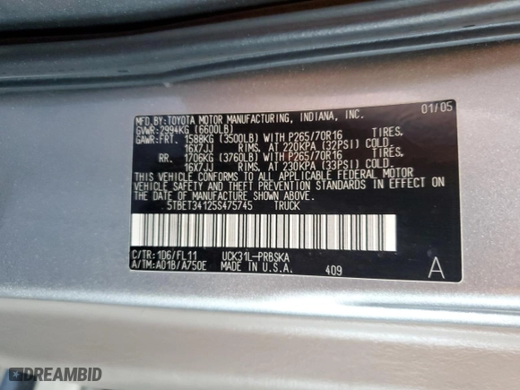 2005 Toyota Tundra SR5 with VIN 5TBET34125S475745, listed as a Copart auction lot 49740005 with 166,134 mi miles and Salvage Title. Bid and sale history available at carsss.com. Image 12.