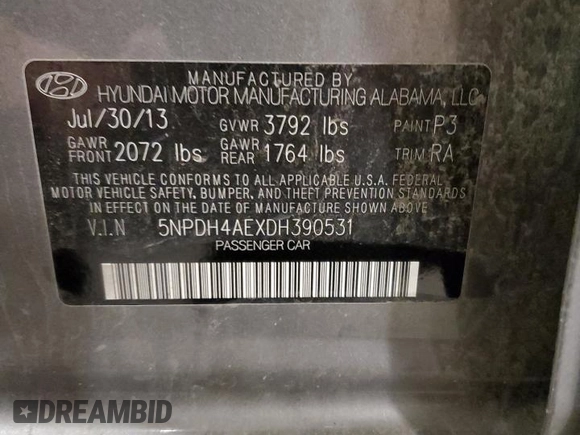 2013 Hyundai Elantra GLS with VIN 5NPDH4AEXDH390531, listed as a Copart auction lot 60147585 with 78,123 mi miles and Salvage title. Bid and sale history available at DreamBid. Image 12.
