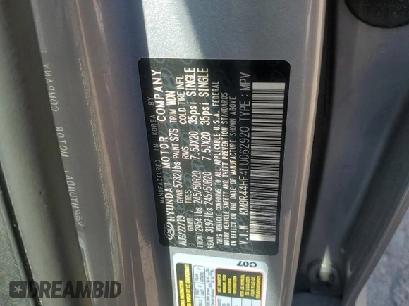 2020 Hyundai Palisade SEL with VIN KM8R44HE4LU062920, listed as a Copart auction lot 57974525 with 94,127 mi miles and Clean title. Bid and sale history available at DreamBid. Image 14.