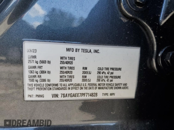 2023 Tesla Model Y Long Range z VIN 7SAYGAEE7PF714828, wystawiony jako Copart lot #89210485 z przebiegiem 42 256 mil mil oraz Szkoda całkowita • Salvage title. Historia ofert i sprzedaży dostępna na DreamBid. Obrazek 14.