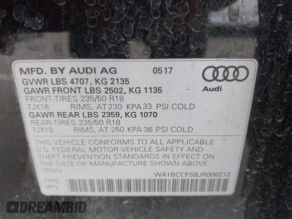 2018 Audi Q3 Premium z VIN WA1BCCFS8JR006212, wystawiony jako IAAI lot #42208285 z przebiegiem 96 571 mil mil oraz . Historia ofert i sprzedaży dostępna na DreamBid. Obrazek 9.