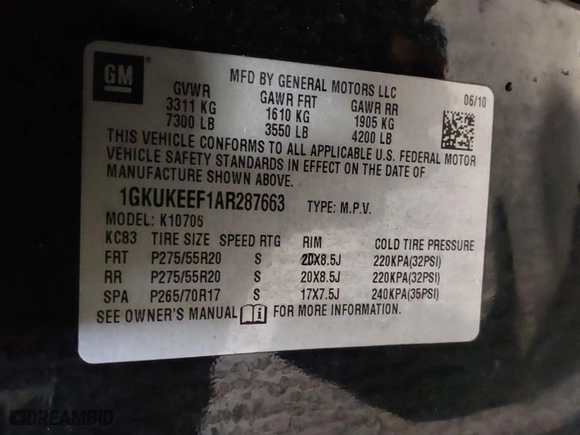 2010 GMC Yukon Denali with VIN 1GKUKEEF1AR287663, listed as a IAAI auction lot 41247274 with 105271 miles. Bid and sale history available at carsss.com. Image 9.