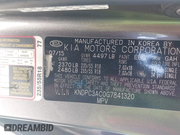 2016 Kia Sportage EX with VIN KNDPC3AC0G7841320, listed as a IAAI auction lot 42312551 with 199,996 mi miles and . Bid and sale history available at DreamBid. Image 9.