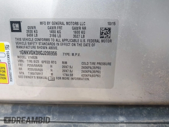 2016 Chevrolet Traverse LT with VIN 1GNKVGKD8GJ206956, listed as a IAAI auction lot 41678366 with 118,584 mi miles and . Bid and sale history available at DreamBid. Image 9.