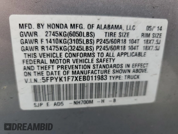 2014 Honda Ridgeline Sport with VIN 5FPYK1F7XEB011983, listed as a Copart auction lot 64146835 with 121,345 mi miles and Salvage title. Bid and sale history available at DreamBid. Image 12.