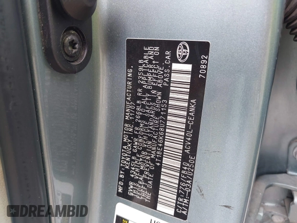 2008 Toyota Camry LE with VIN 4T1BE46K68U771153, listed as a IAAI auction lot 42103998 with 252,811 mi miles and . Bid and sale history available at DreamBid. Image 9.
