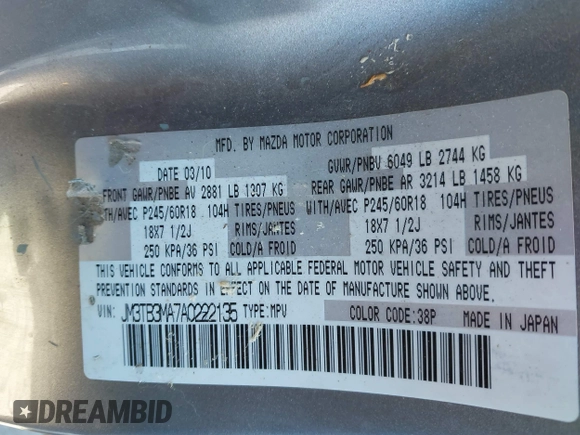 2010 Mazda CX-9 Grand Touring z VIN JM3TB3MA7A0222135, wystawiony jako IAAI lot #41321999 z przebiegiem Nie podano mil oraz . Historia ofert i sprzedaży dostępna na DreamBid. Obrazek 9.