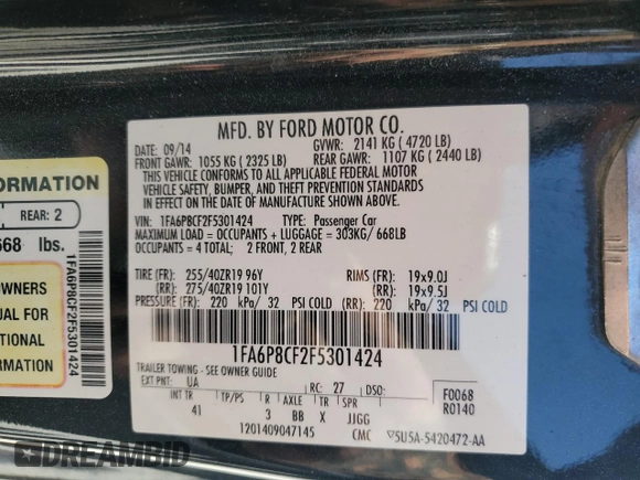 2015 Ford Mustang GT with VIN 1FA6P8CF2F5301424, listed as a Copart auction lot 57391475 with 77,938 mi miles and Salvage title. Bid and sale history available at DreamBid. Image 12.