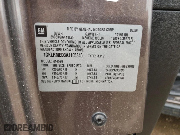 2010 GMC Acadia SLT1 with VIN 1GKLRMED3AJ105346, listed as a Copart auction lot 54602115 with 111,331 mi miles and Salvage title. Bid and sale history available at DreamBid. Image 13.