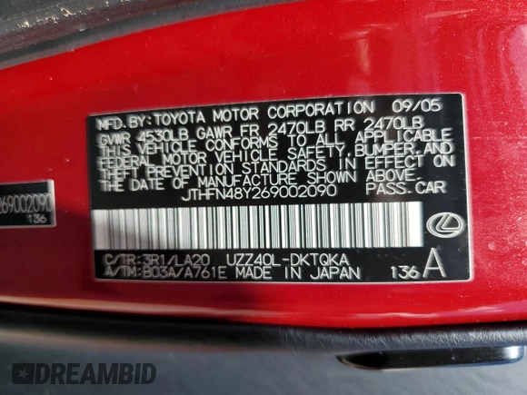 2006 Lexus SC with VIN JTHFN48Y269002090, listed as a Copart auction lot 75077884 with Not Provided miles and Non Repairable. Bid and sale history available at carsss.com. Image 13.