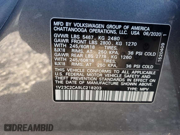 2020 Volkswagen Atlas SE with VIN 1V23C2CA9LC218203, listed as a Copart auction lot 47288324 with 64,261 mi miles and . Bid and sale history available at DreamBid. Image 12.