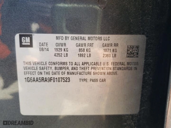 2015 Cadillac ATS Sedan Standard RWD with VIN 1G6AA5RA9F0107523, listed as a Copart auction lot 46224775 with 148,824 mi miles and Clean Title. Bid and sale history available at carsss.com. Image 14.