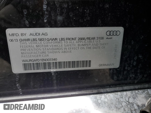 2014 Audi A8 3.0T z VIN WAURGAFD1EN003340, wystawiony jako Copart lot #47531465 z przebiegiem Nie podano mil oraz Szkoda całkowita • Salvage title. Historia ofert i sprzedaży dostępna na DreamBid. Obrazek 12.