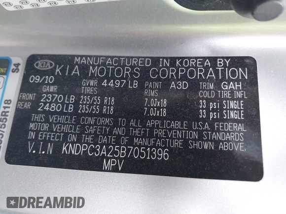 2011 Kia Sportage EX with VIN KNDPC3A25B7051396, listed as a IAAI auction lot 38855292 with 263,407 mi miles and . Bid and sale history available at DreamBid. Image 9.
